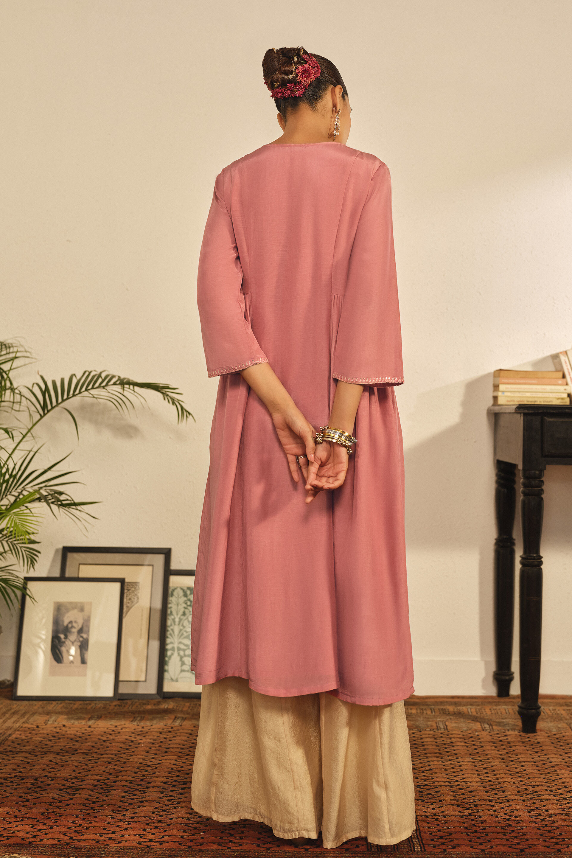 Embroidered A-line Kurta in Pink, Pink, image 3